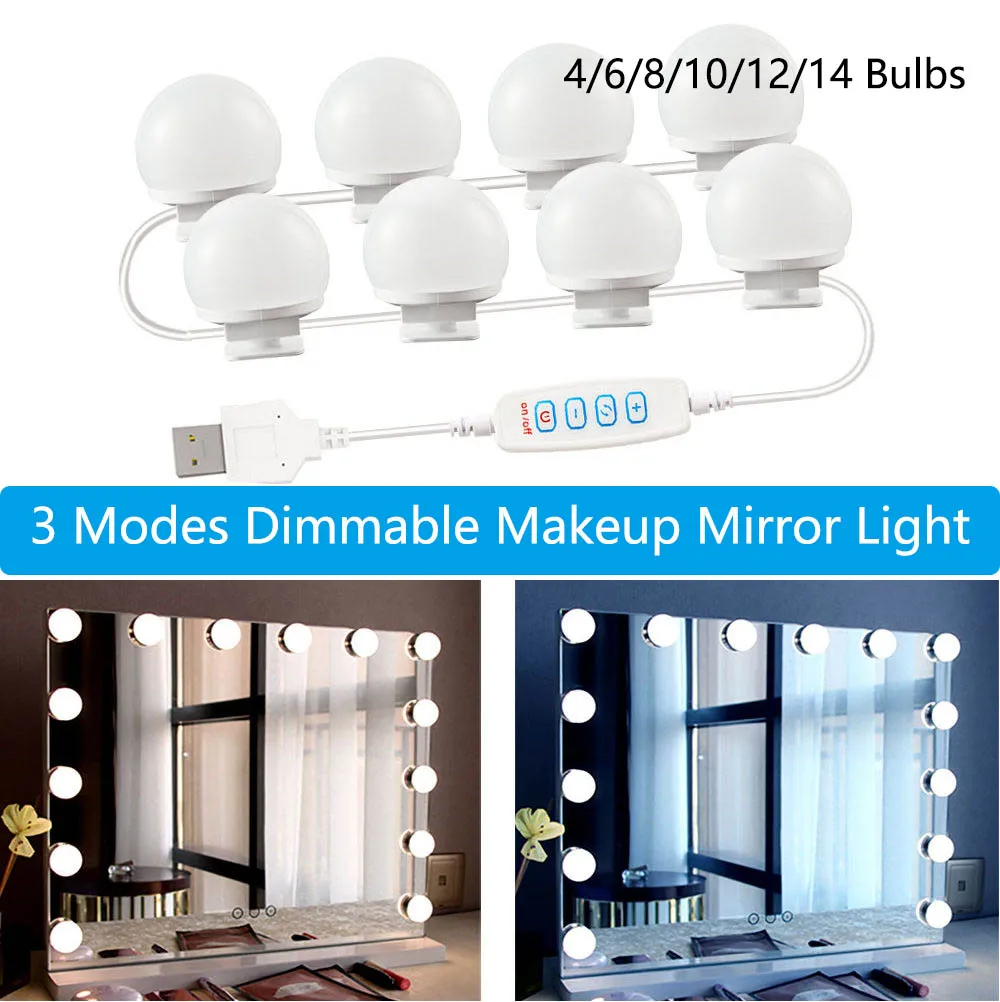 New Type Makeup Lamp 3 Modes Dimmable USB Professional Makeup Mirror Light 4-14 Detachable LED Bulbs Dressing Table LED Lights