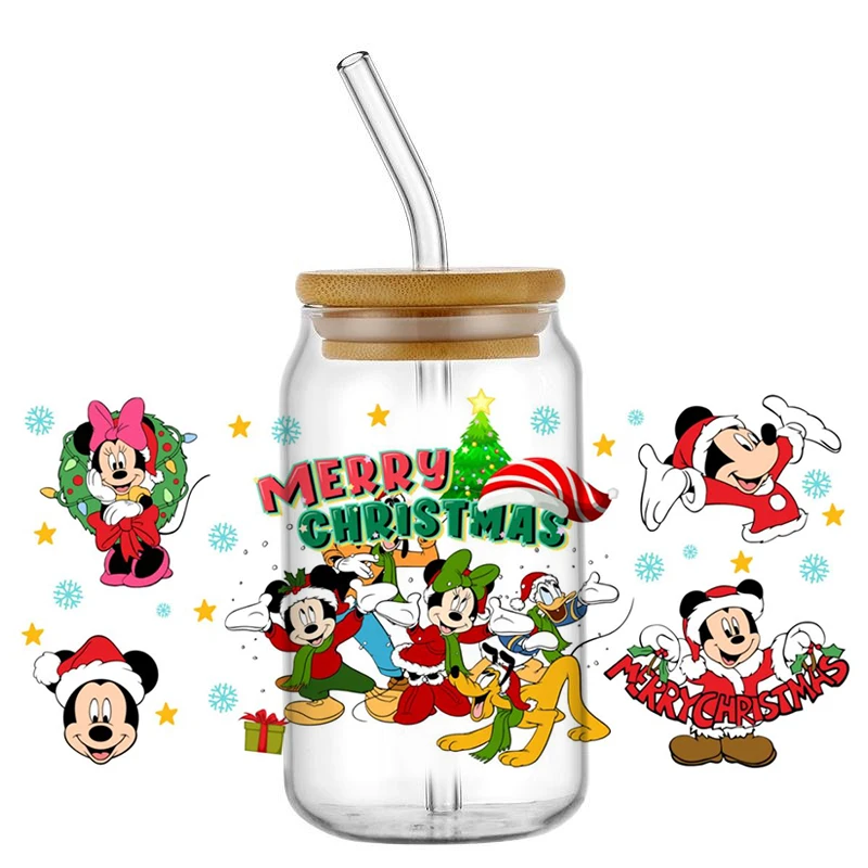 Minoso Cute Santa Stitch 3D УФ DTF наклейка для стекла Libbey 16 унций мультфильм Disney
