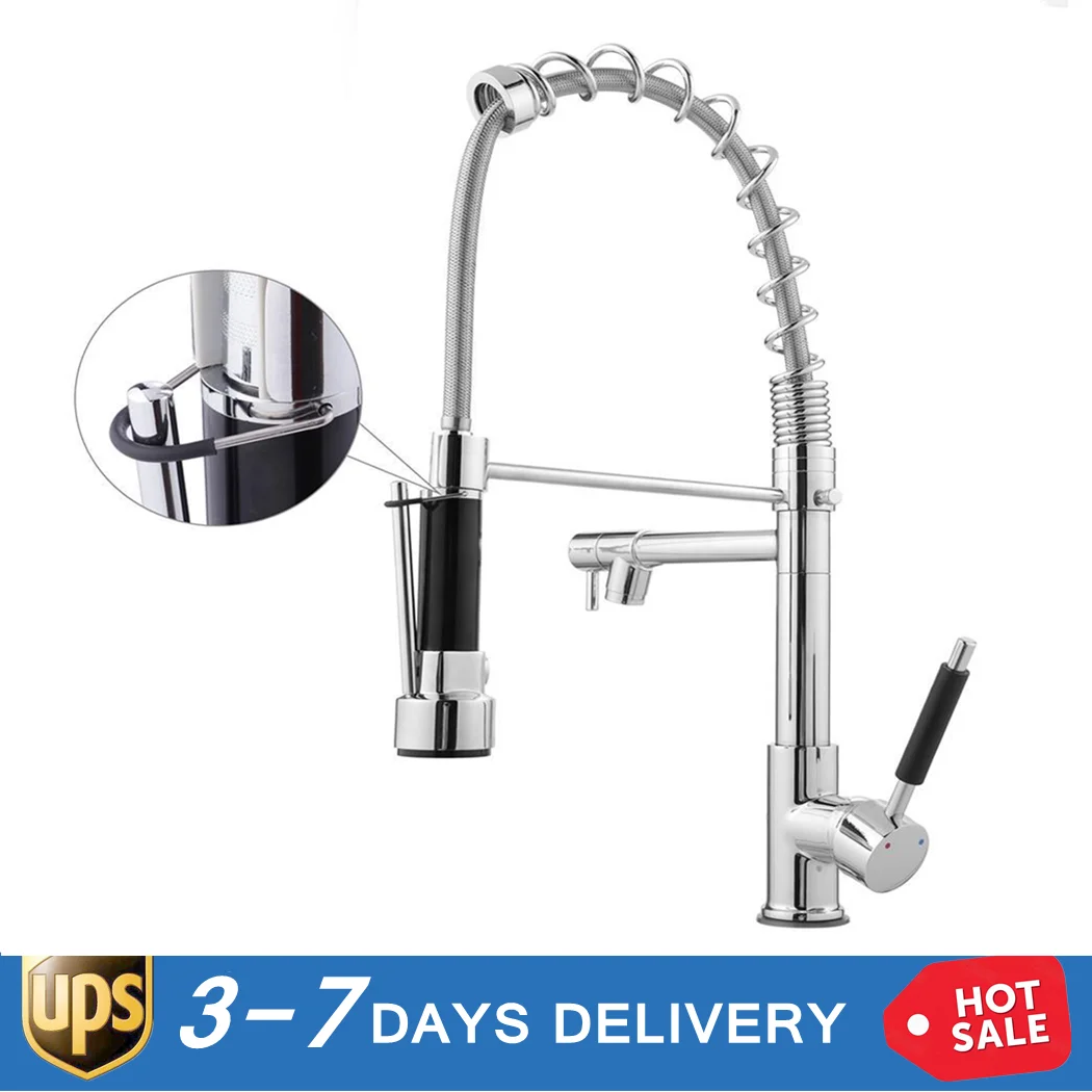 

Kitchen Faucet Pull Down Sprayer Sink High Arch 2 Head Single Handle Spring Taps