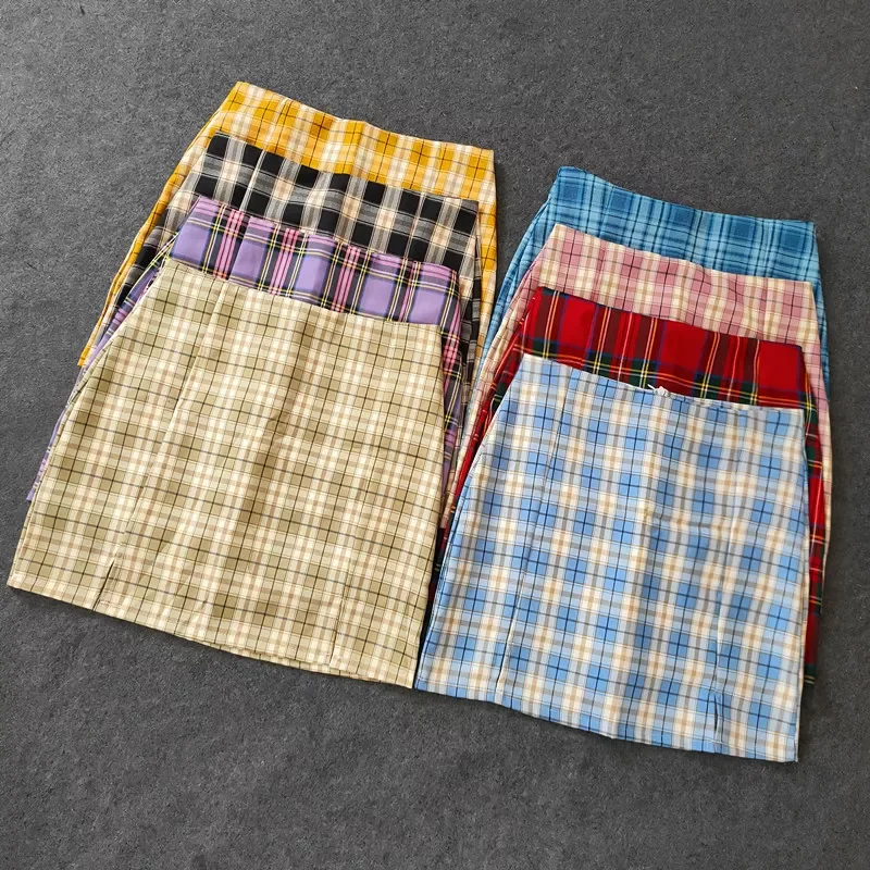 

Summer Harajuku Plaid Pencil Skirts Womens High Waist Mini Skirts Lining With Shorts Korean Streetwear Vintage Sexy Skirt