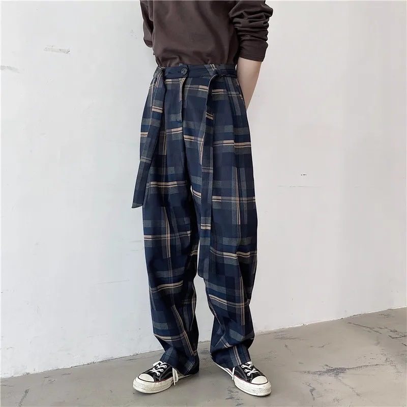 

Men Casual Plaid Pants Casual Straight Ankle-length Wide Leg Drape Streetwear Loose Trouser New Fashion Streetwear Pantalone B16