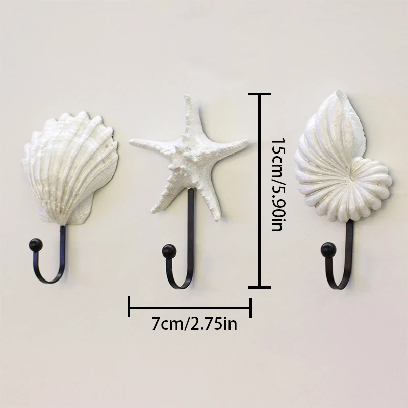 

3pcs Bedroom Wardrobe Hook Sea Shell Wall Hanging Starfish Scallop Conch Hook White Resin Hanger Decorative Hook