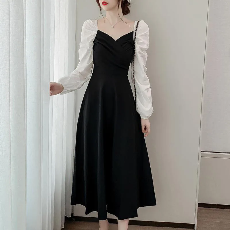 

Autumn Regular Pullover Casual Elegant DressesWomen Square Collar A Line Black Mid Dress Empire Pleated Long Sleeve Shirt Dress