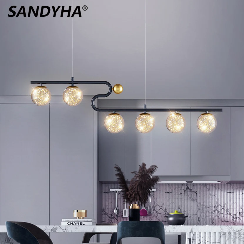

SANDYHA Chandeliers Modern Long Line Strip Glass Ball Pendant Light Led Lamp for Dining Room Decor Lustres Para Sala De Jantar