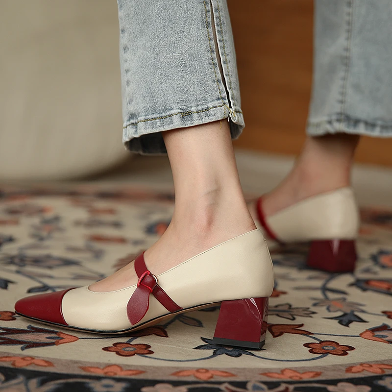 33-40 large size women's shoes with square toe cowhide stitching medium heel thick heel thin strap buckle women's shoes