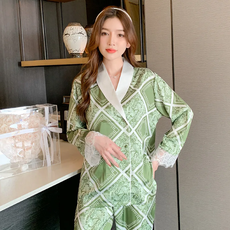 FALLINLAOE Women's Pajamas Set Luxury Rhombus Print Sleepwear Lace Cuffs Casual Homewear V Neck Nightwear Femme Petite
