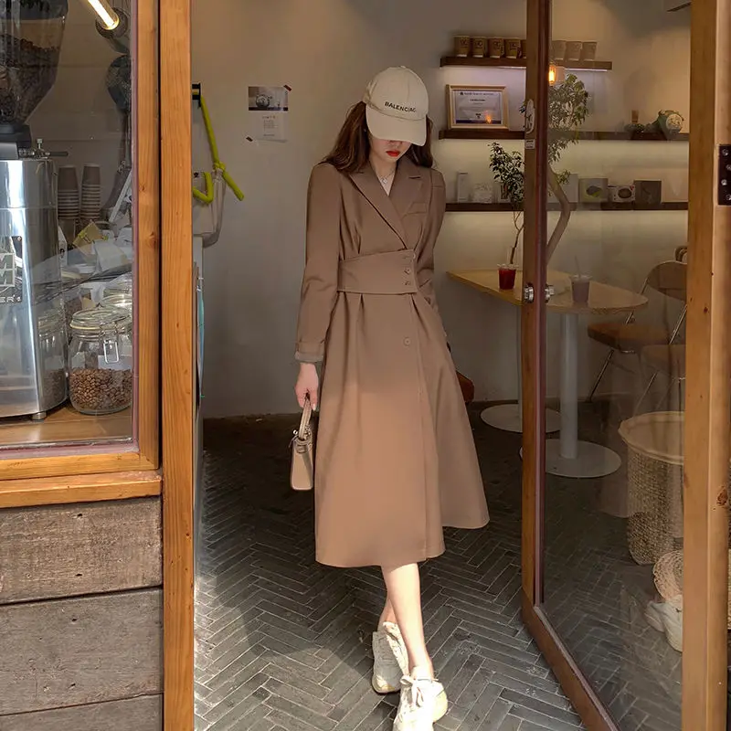 

2022 Women Spring Autumn Fashion Solid Color Notched Dresses Female Long Sleeve Blazer Dress Ladies Long A-Line Vestidos K179