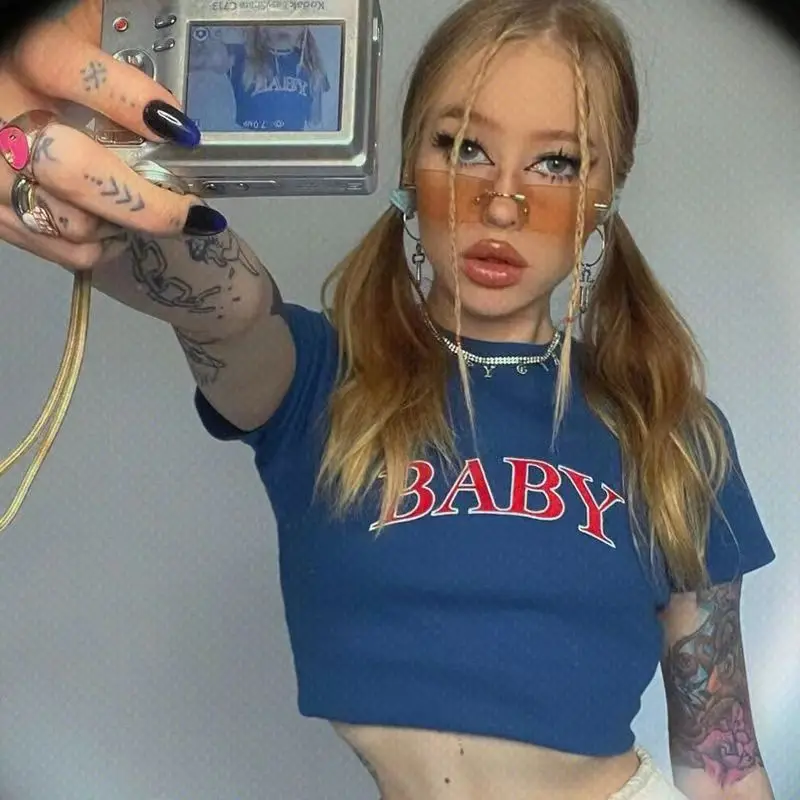 

Кроп-топ Y2k в американском ретро-стиле с буквенным принтом, футболки с коротким рукавом, Женская эстетичная одежда с круглым вырезом для дев...