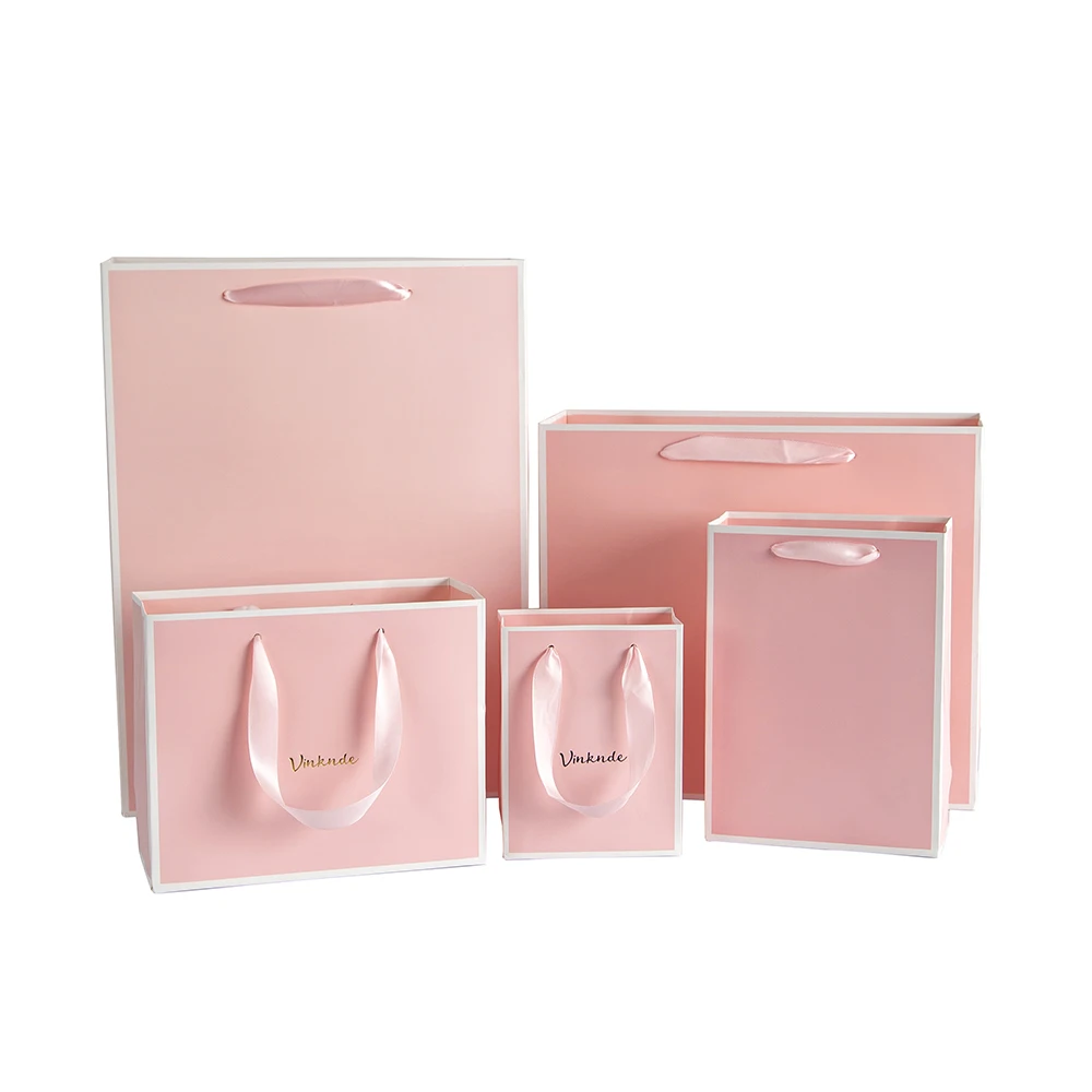 Pink White Paper Tote Bags with Handles 15x6x20cm Custom Logo Kraft Paper Shopping Retail Merchandise Gift Bags for Business