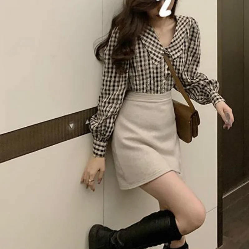 Рубашка женская с длинным рукавом-фонариком милый клетчатый Элегантный