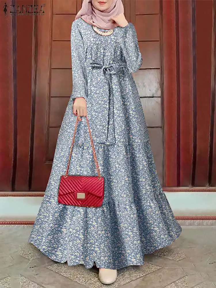 

ZANZEA Summer Women Elegant Muslim Dress Abaya Kaftan Floral Print O-Neck Long Sleeve Dresses Bohemian Holiday Casual Robe