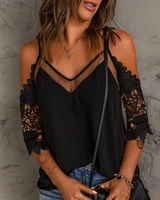 ninimour spring summer v neck contrast lace cold shoulder short sleeve lady sexy lace top women casual solid black daily blouse