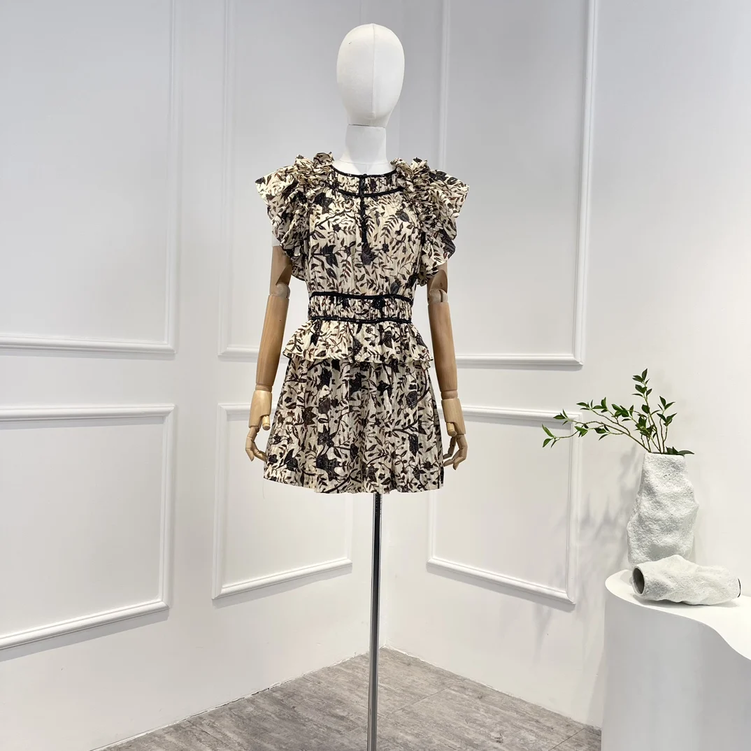 2022 New Spring Summer High Quality Fashion Flower Print Ruffled Woman Beach Style Casural Playsuit