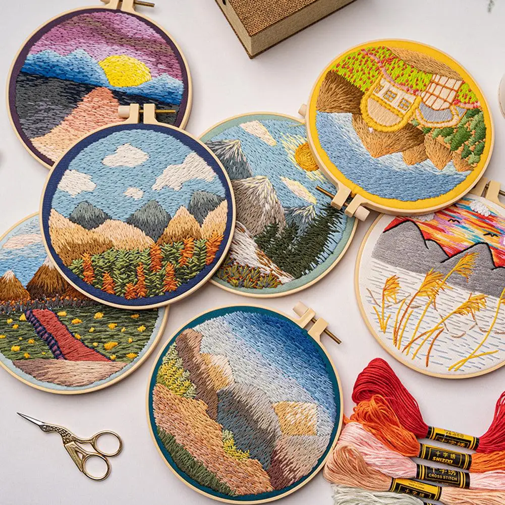 

NEW Diy Embroidery Kit Landscape Sky Clouds Pattern Cross Stitch Kits With Embroidery Hoops For Beginners