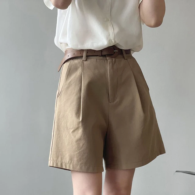 MEXZT Belt Pure Cotton Shorts Women High Waist Wide Leg A Line Suit Shorts Office Lady Solid Loose Casual All Match Short Pants 5