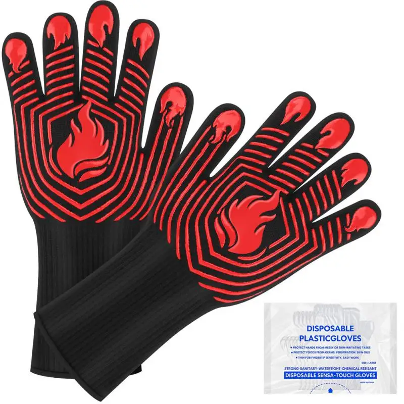 

800 Degrees BBQ Anti Scalding Gloves Kitchen Heat Proof Grilling Oven Mitts Barbecue Microwave Oven High Temperature Insulation
