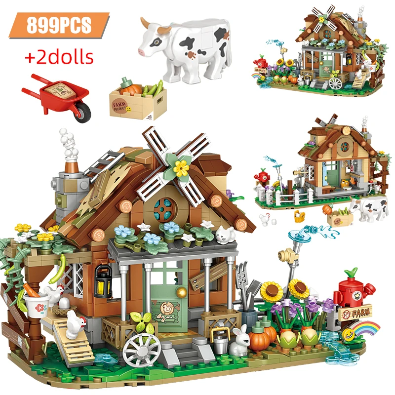 

899pcs Mini City Windmill Farm House Architecture Building Blcoks Friends Street View Figures Animal Bricks toys For Kids Gifts