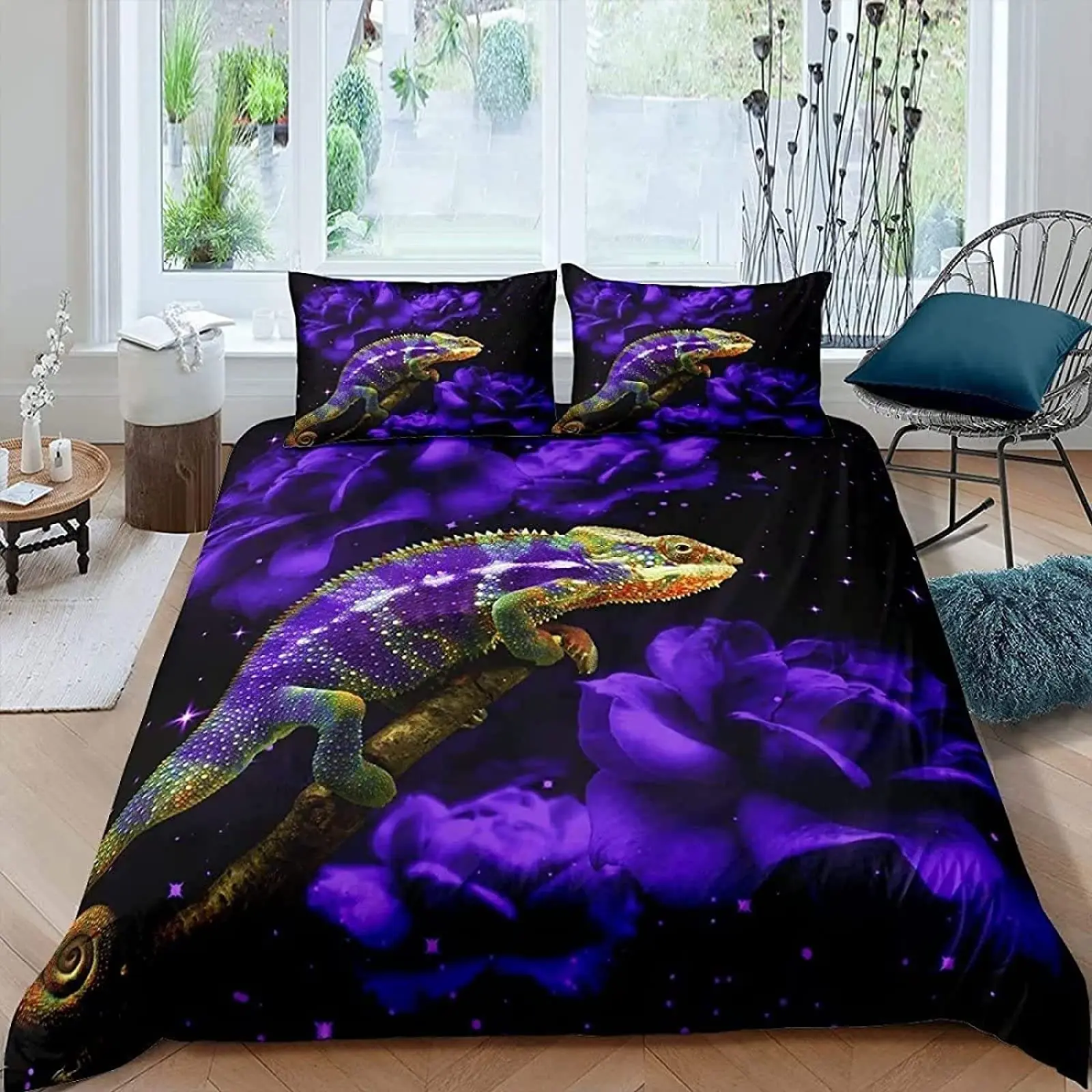 

Chameleon Duvet Cover Set 3D Wild Animal Bedding Set Wildlife Comforter Cover Boys Green Leaf Polyester Quilt Cover Theme Twin