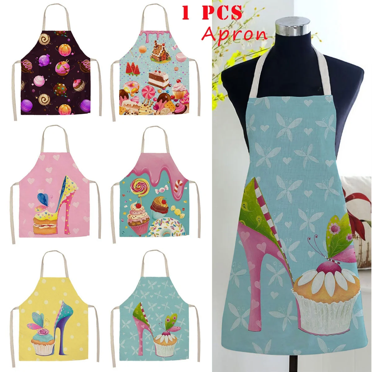 

Home Cake Donut Pattern Printed Kitchen Apron for Woman Sleeveless Linen Aprons for Cooking Home Cleaning Tool Aprons for Women