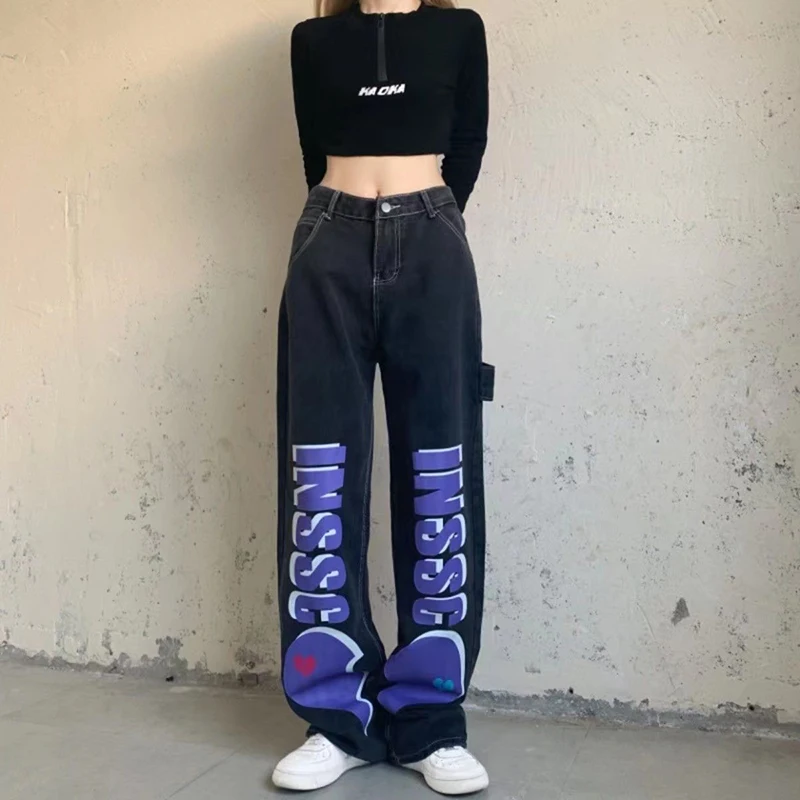 

Hippie High Waist Women Jeans Vintage Y2k Streetwear Printing Straight Trouser Goth Clothing Wide Leg Baggy Denim Pants