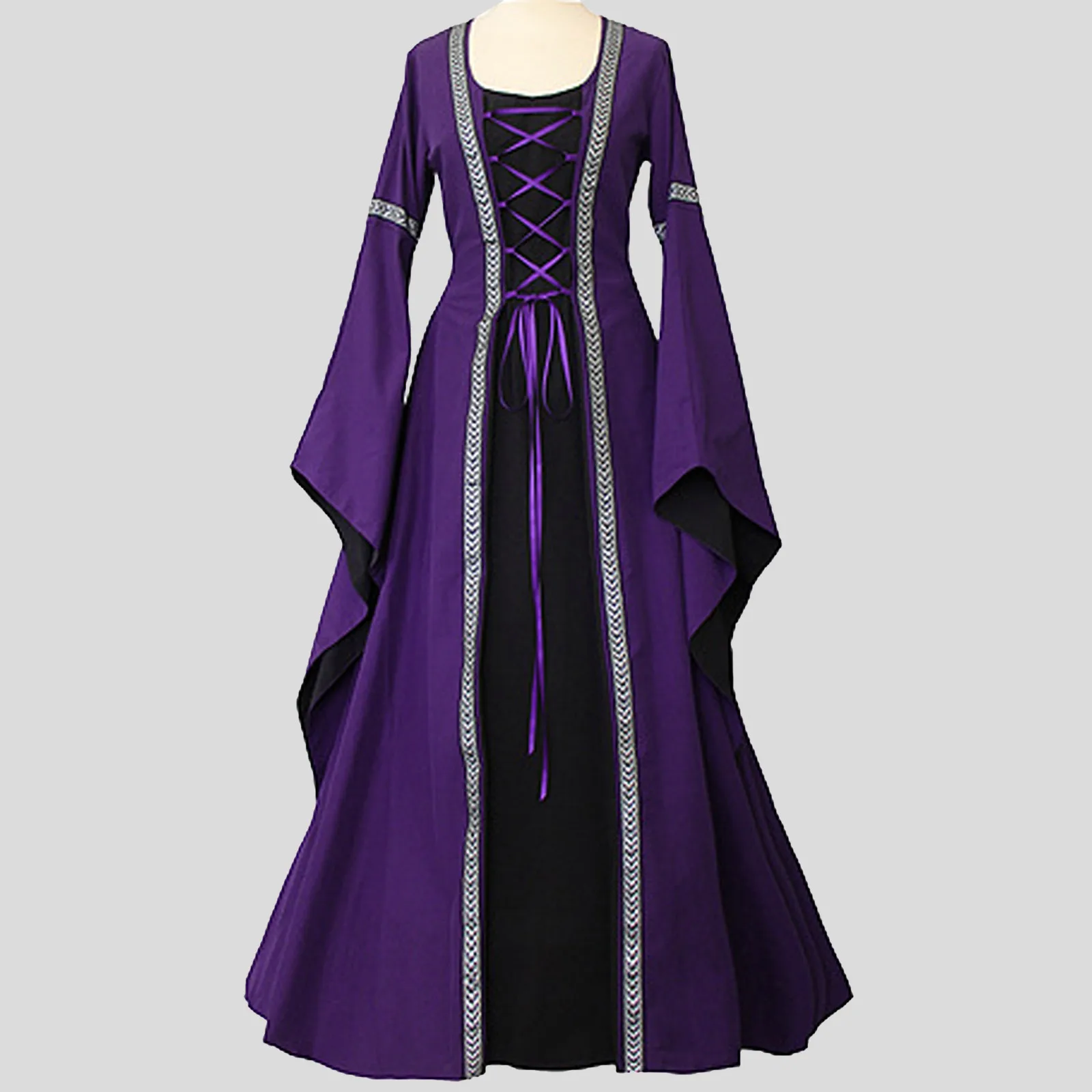 

Elegant Casual Women's Dresses Retro Style Solid Color Square Collar Trumpet Sleeve Long Lace Up Princess Floor Length Dress 4