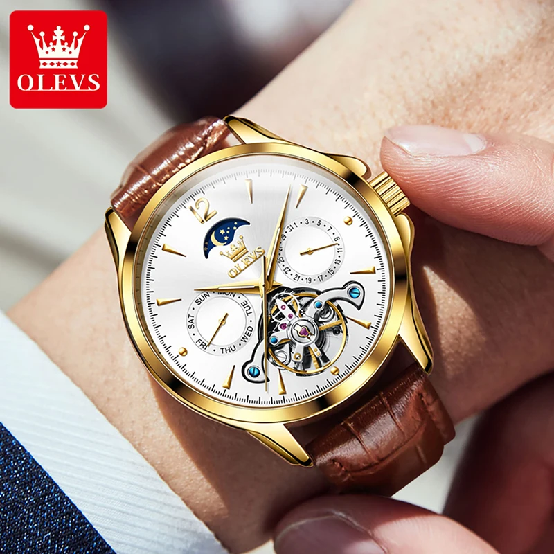 OLEVS Luxury Brand New Mens Mechanical Watch For Men Fashion Tourbillon Watch Watches Genuine Leather Strap Luminous Waterproof