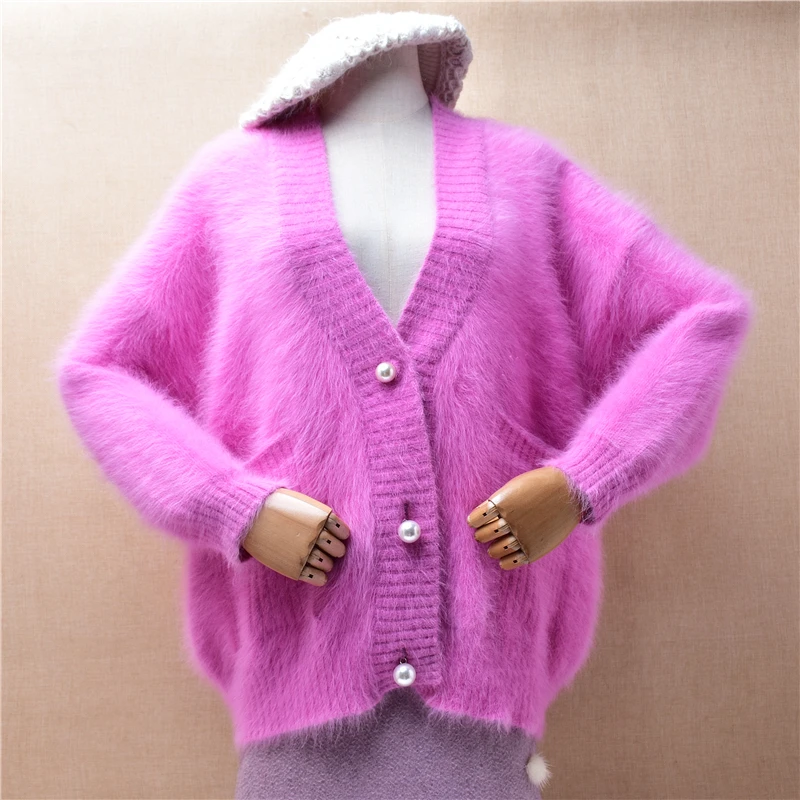 

Female Women Fall Winter Thick Warm Pink Hairy Mink Cashmere Knitted V-Neck Long Batwing Sleeves Loose Cardigans Sweater Jacket