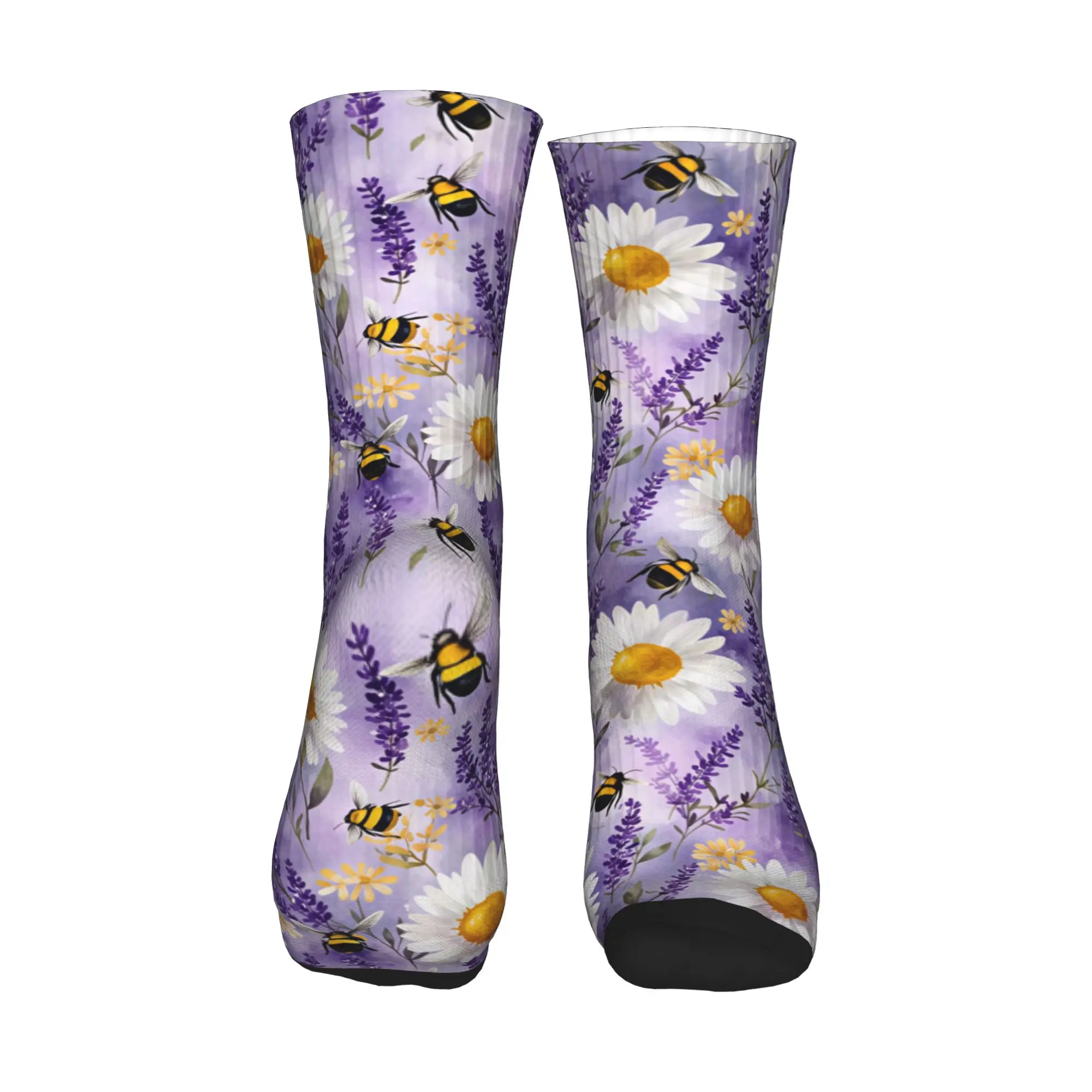 Фото Носки Harajuku Bee Lavender Daisy Watercolor для женщин и мужчин, теплые спортивные баскетбольные носки с 3D принтом №2