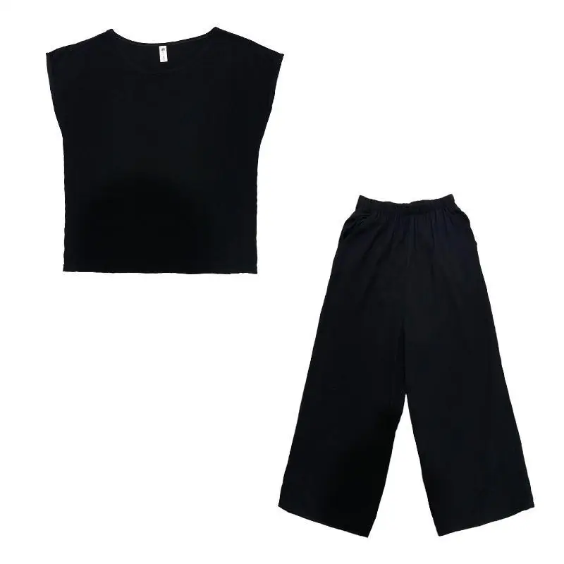 Women 2022 Summer Casual Set New Female Solid Color Soft Cotton Loose Clothes Sets Tops Pants Office Lady Work 2 Piece Suits I01