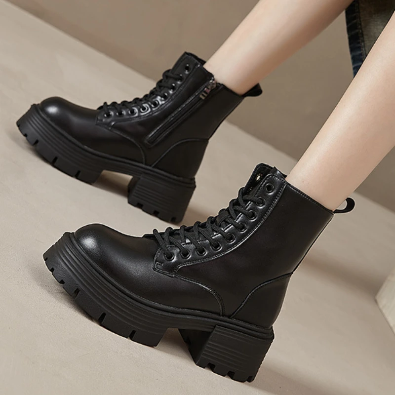 

British Style Leather Boots Women Chunky Heel Round Toe Lace Up Shoes Spring Autumn Thick Bottom High Heels Botas Para Mujer