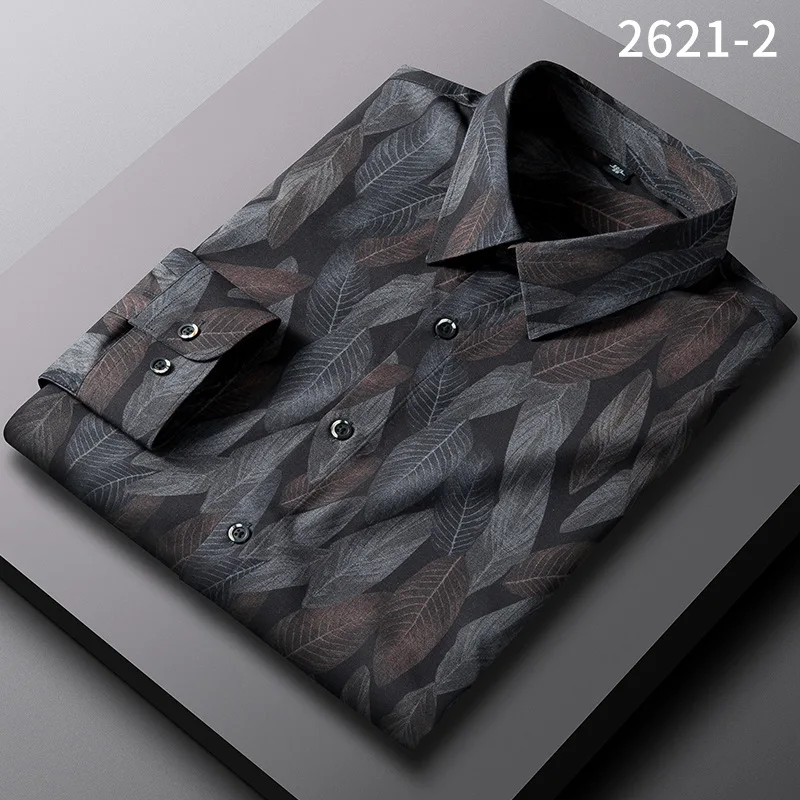 Bamboo Fiber Spring New Long-sleeve Shirt Male Senior Sense Business Slim Print Shirt Mens Shirts Slim Fit Shirt Men Clothing
