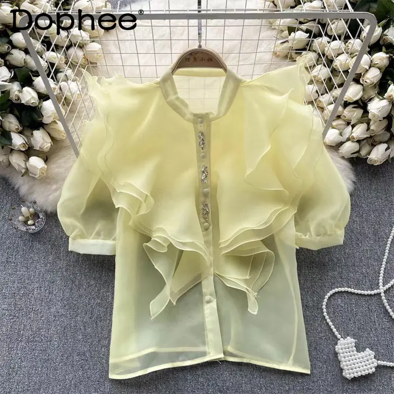 

Summer New French Blusas Royal Style Super Fairy Ruffled Organza Shirts Women's See-through Western Style Top Puff Sleeve Blouse