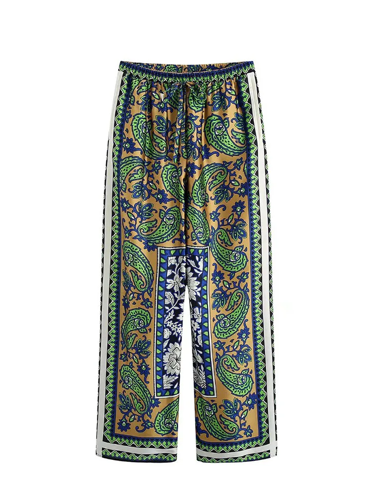 

Women 2022 Autumn New Chic Fashion Pajama-style printed Pants Vintage High Elastic Waist Drawstring Female Ankle Trousers