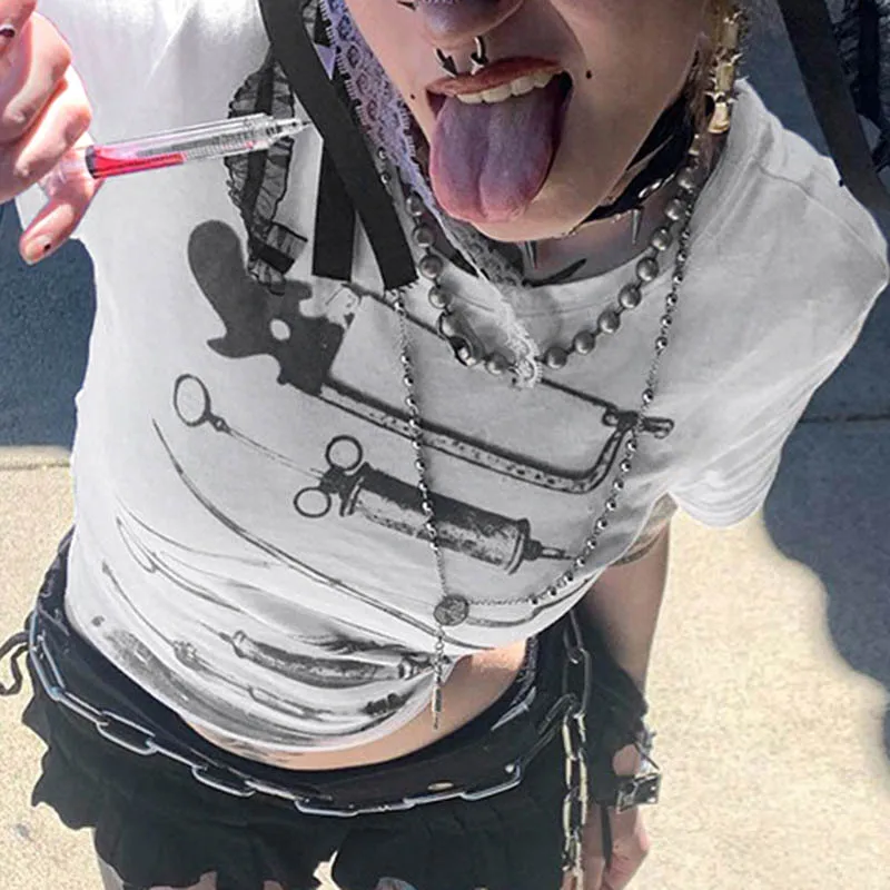Темная укороченная футболка с принтом готические повседневные тонкие футболки