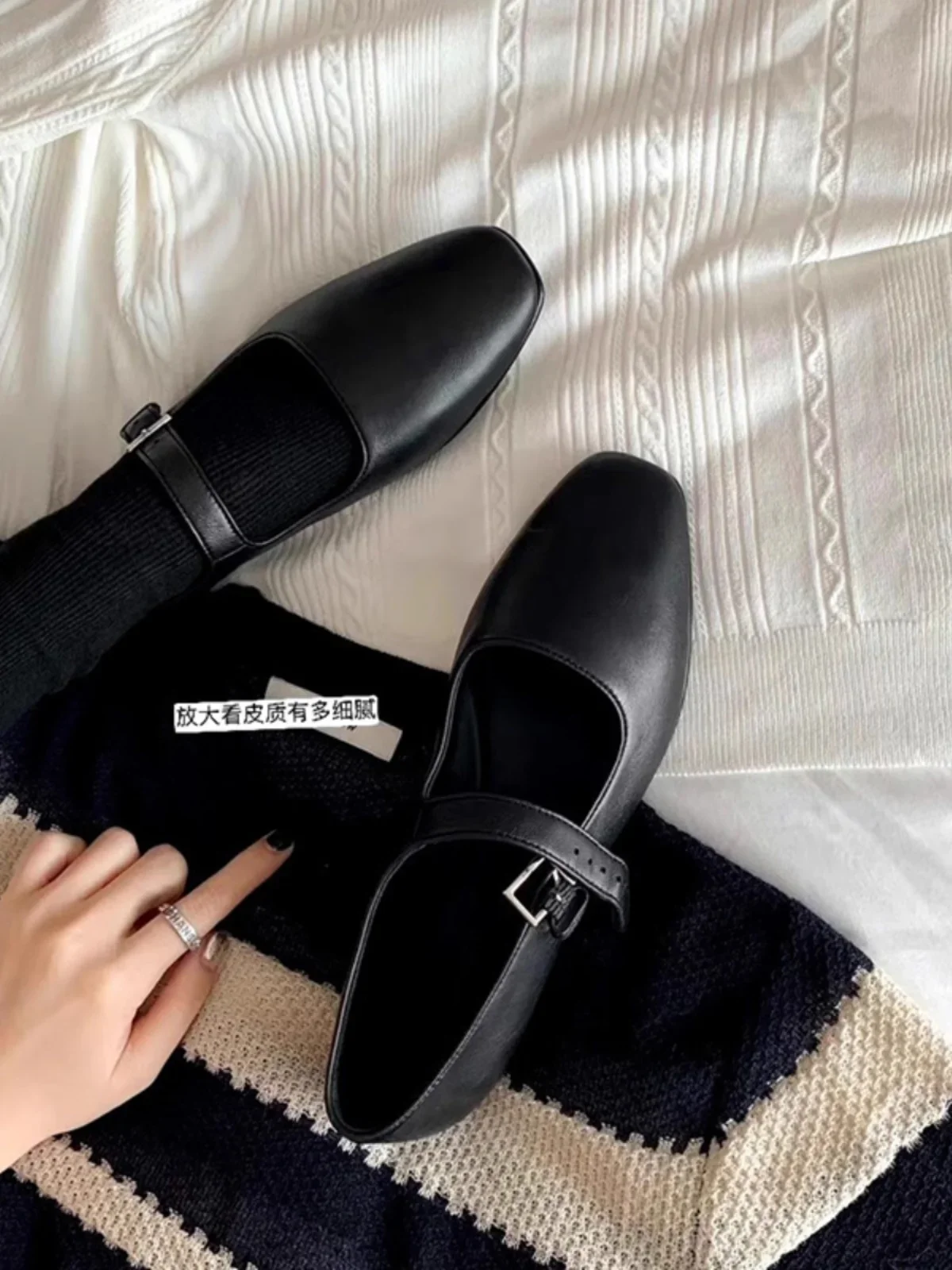 w stylu retro pojedynczy but z płaską podeszwą i płytkimi ustami damskie małe skórzane buty Mary Jane kwadratowym noskiem