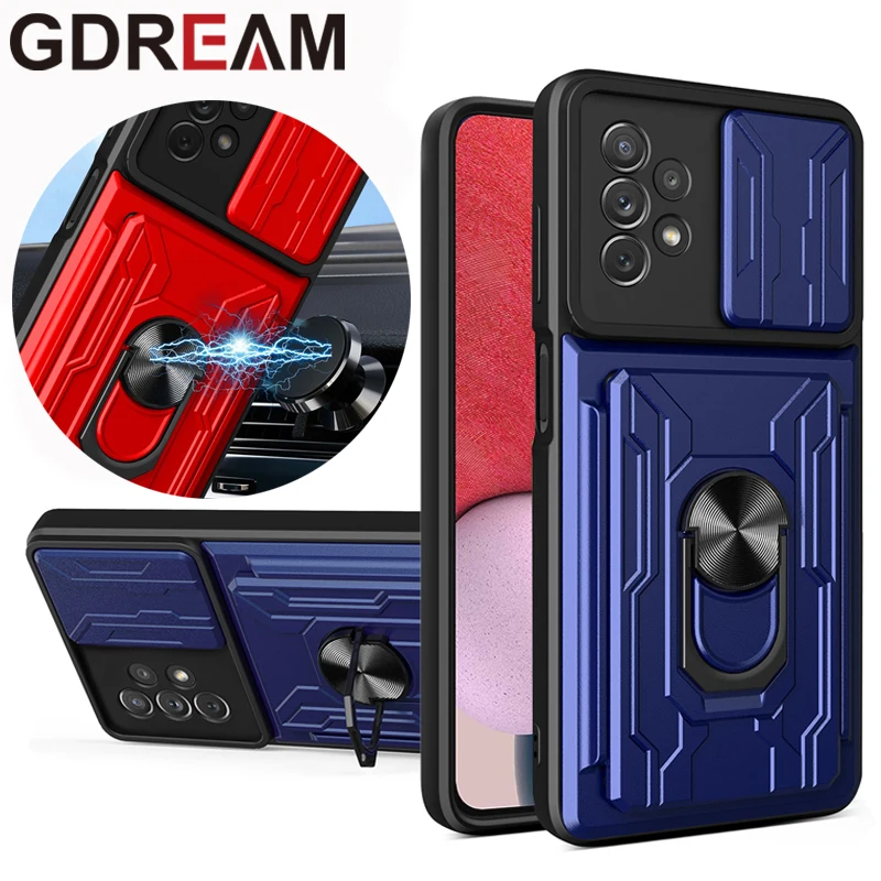 

Shockproof Case For Samsung A02S A03S A12 A52 A72 A33 A53 A32 Car Stand Card Solt Push Window Cover For Galaxy A73 A13 A23 A82