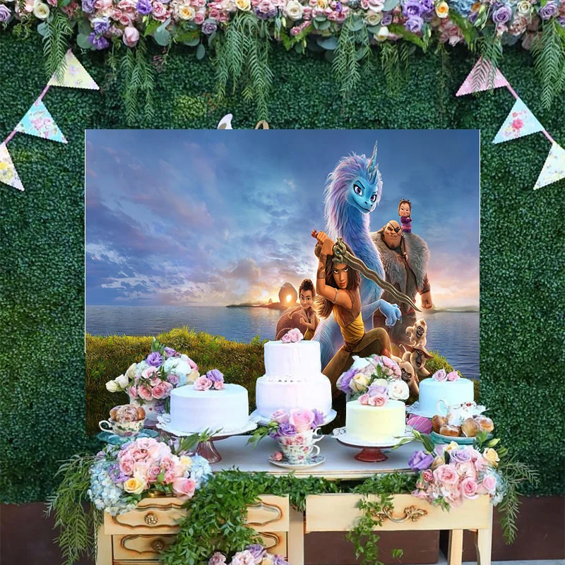 

Cartoon Background Happy Birthday Party Decoration Brave Disney Namaari Princess Raya And The Last Dragon Sisu Blue Backdrop
