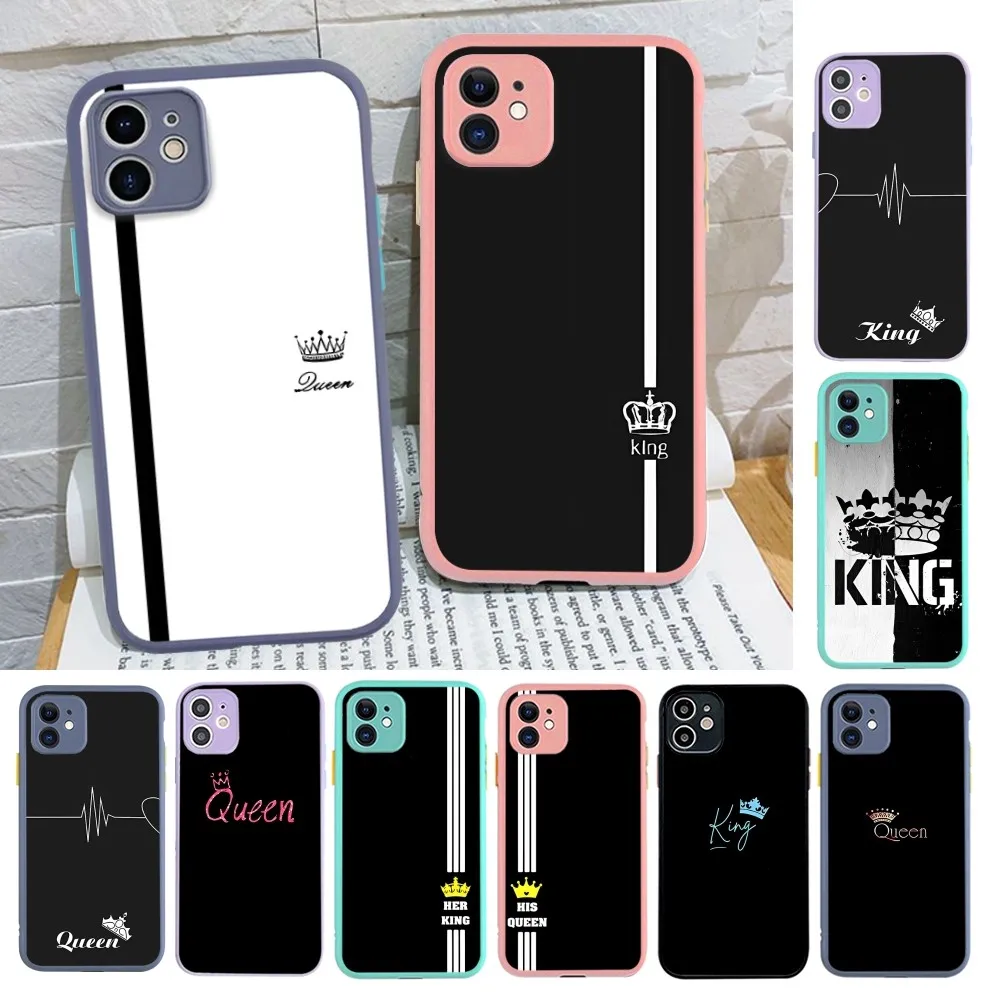 Etui na telefon King Queen Lovers do iPhone 14 11 12 13 Mini Pro Max 8 7 Plus X XR XS MAX Półprzezroczysty matowy pokrowiec