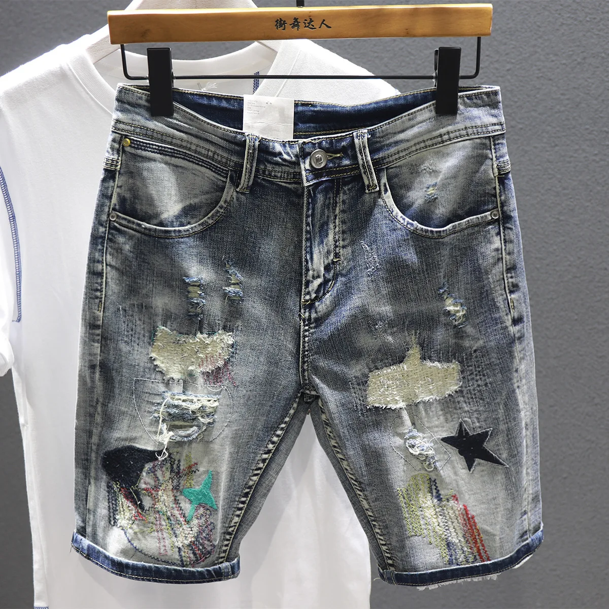 

2022 Summer New Men's Ripped Short Jeans Streetwear Big Hole Fashion Vintage Blue Slim Denim Shorts Brand Clothes