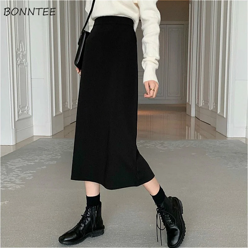 

Skirts Women Black Stretch Empire Teenagers Midi All-match Casual Daily Ulzzang Feminino Popular Lady Spring Solid Simple Basic