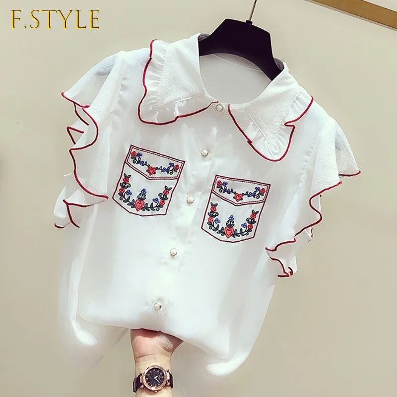 Vintage Flower Embroidery Women Shirts 2021 Summer New Turn-Down Collar Ruffles Lady Elegant Shirts Outwear Coat Tops