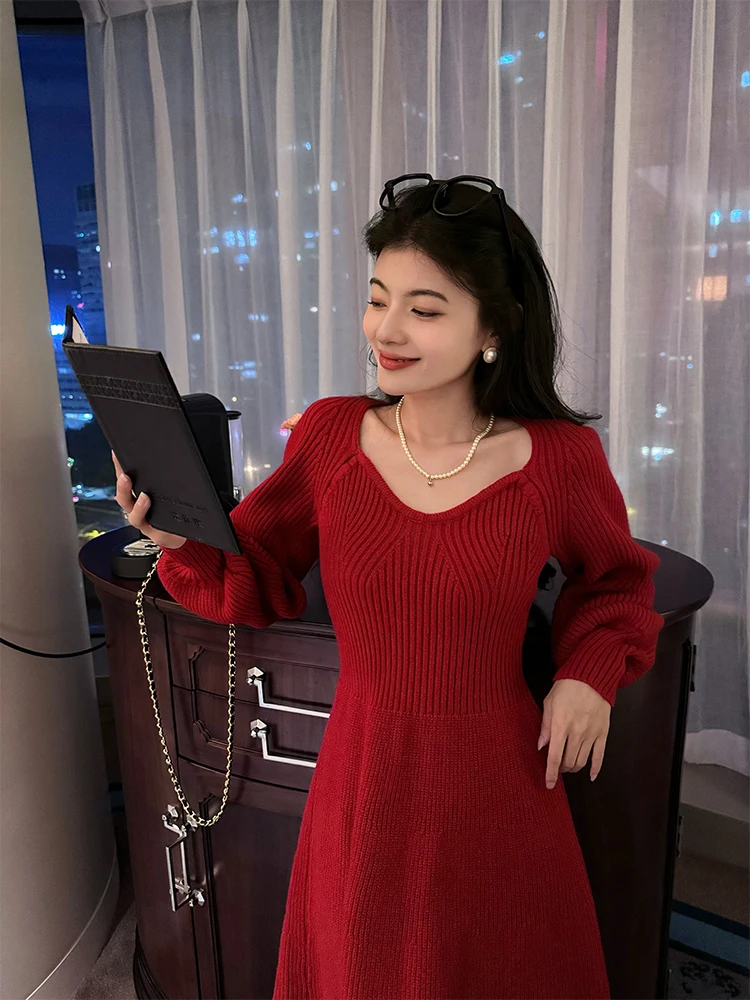 Малуань Рождество Новый год помолвка красное платье свитер зимняя вязаная юбка