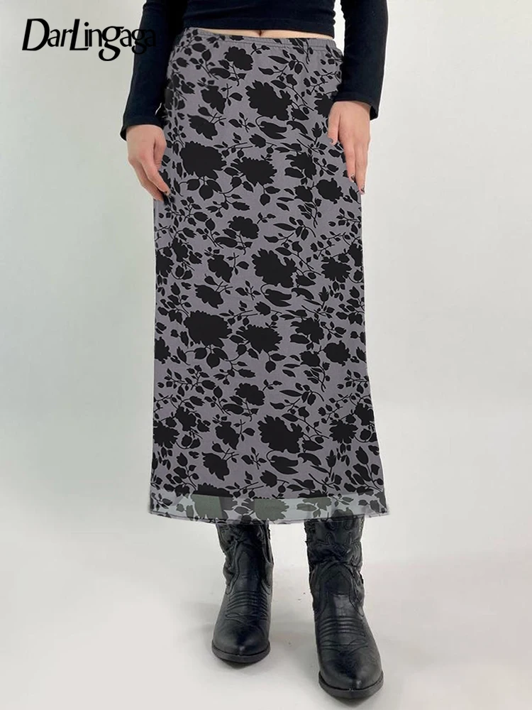 

Длинная юбка Darlingaga Y2K с винтажным графическим принтом, двухслойная, в стиле 90-х эстетичная шикарная повседневная юбка А-силуэта, Свободная Ж...