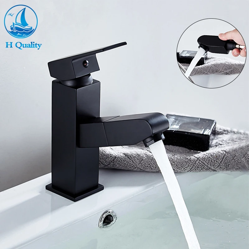 

Short/Higher Black Pull Out Basin Faucet Hot Cold Water Mixer Crane With Shower Spray Sink Single Handle Tap Pop Up Drain