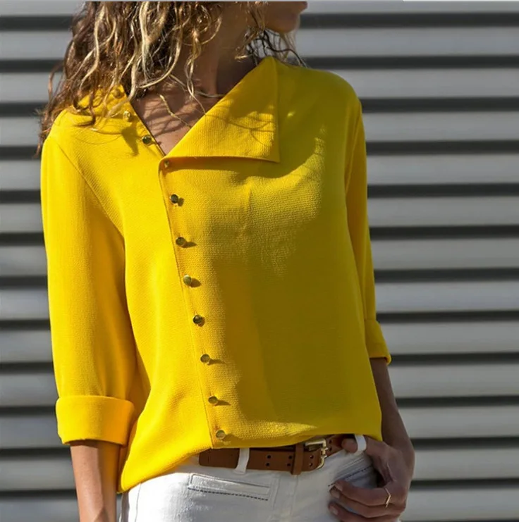 

Fashion Nine Colors Button Irregular Diagonal Collar Long Sleeve Blouse