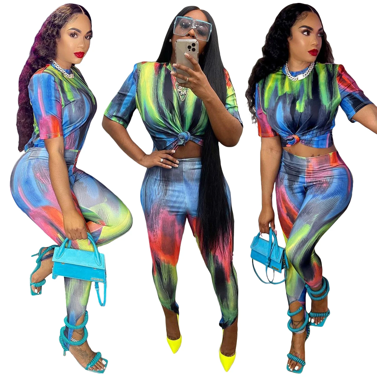 

Summer Tie dye Printing Gradient T Shirt Two Pieces Set Women Short Sleeves Round Neck Skinny Pants Party Outfits