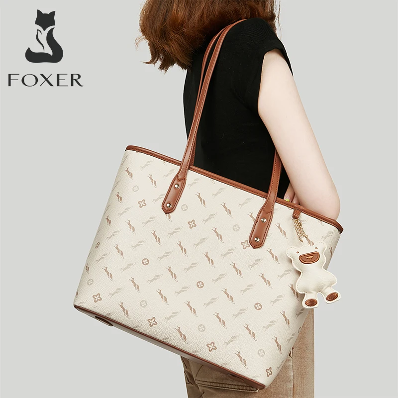 FOXER Women PU Leather Commuter Shoulder Bag Large Capacity Handbag Lady Versatile Tote Suitable For Small Laptop Top Handle Bag