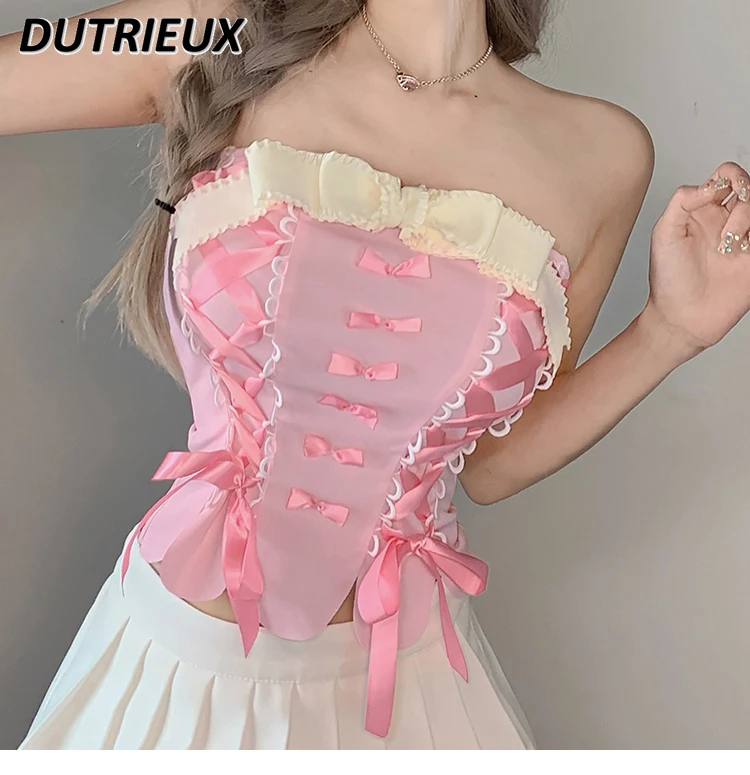 

Summer Slim Fit Tube Top Hot Girly Style Women's Lolita Sweet Lace-up Bow Sexy Fashion Vest Camisole Outer Wear Crop Top Y2k