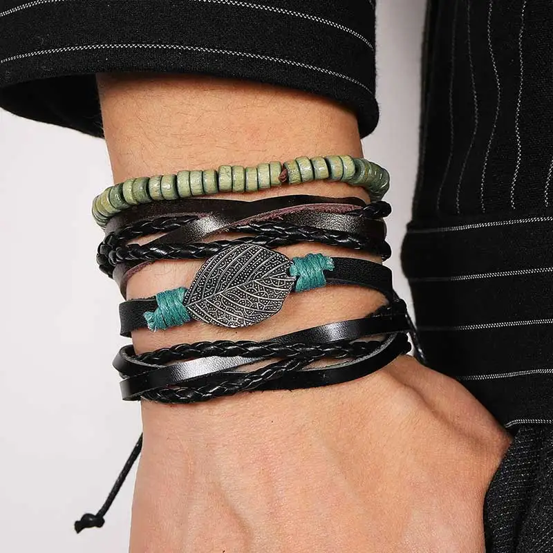 

Новый Винтажный Регулируемый Многослойный кожаный браслет с листьями ювелирные изделия очаровательные браслеты с камнями и деревянными б...