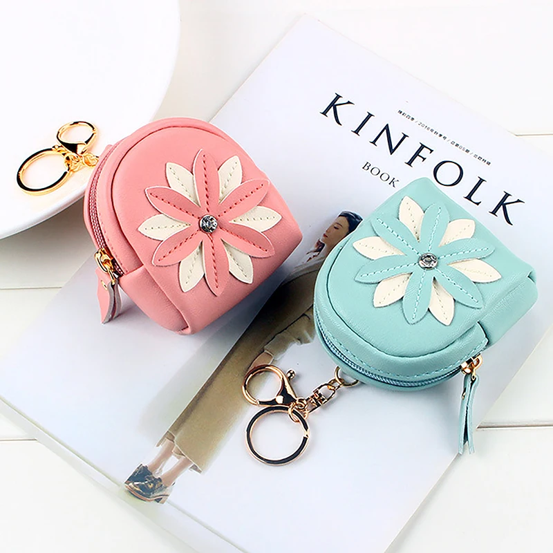 

1PC Miniature Flower PU Leather Coin Purse For Girls Small Zipper Wallet Credit Card Holder Earphones Bag Keyring